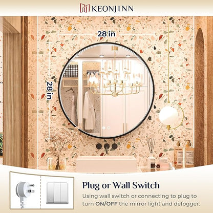 Keonjinn 28 Inch Round LED Bathroom Mirror, 3 Color Temperature Lights 3000K/4500K/6000K, Black Metal Framed Front Lighted Round Vanity Mirror Dimmable, Circle Makeup Mirror Anti-Fog UL Listed CRI≥90