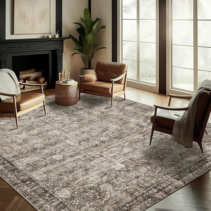 CHAMPLANT Washable Area Rug 9'x12' Retro Boho Design Non-Shedding Easy Care Ideal for High Traffic Areas in Living Room Bedroom Office Coffee Table Kitchen Large Carpet