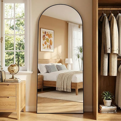 Arched Full Length Mirror 71 x 28 Inch, Full Body Mirror with Stand, Standing Hanging or Leaning Against Wall, Metal Frame Floor Mirror for Bedroom, Living Room, Cloakroom,Black