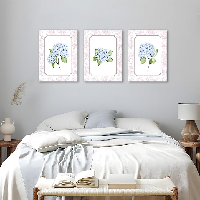 Blue Hydrangea Wall Art Set of 3, Preppy Blue Hydrangea Canvas Prints Poster Picture, Floral Aesthetic Wall Decor for Teen Girls Bedroom Dorm Apartment 16x24 Inch Framed