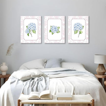Blue Hydrangea Wall Art Set of 3, Preppy Blue Hydrangea Canvas Prints Poster Picture, Floral Aesthetic Wall Decor for Teen Girls Bedroom Dorm Apartment 12x16 Inch Framed
