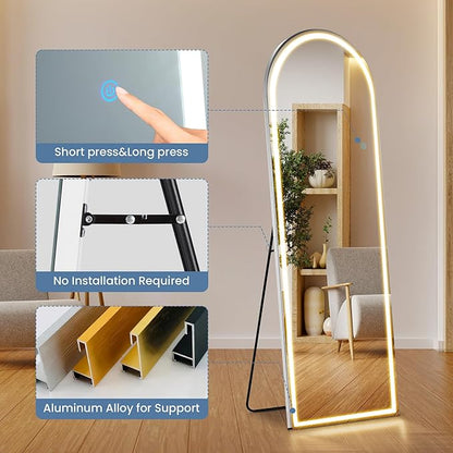 21"×64" Arched LED Full Length Mirror with Stand, Full Body Wall-Mount Mirror with LED Lights 3 Color Lighting, Hanging or Leaning, Floor Standing, Modern Simple Home Wall Decor