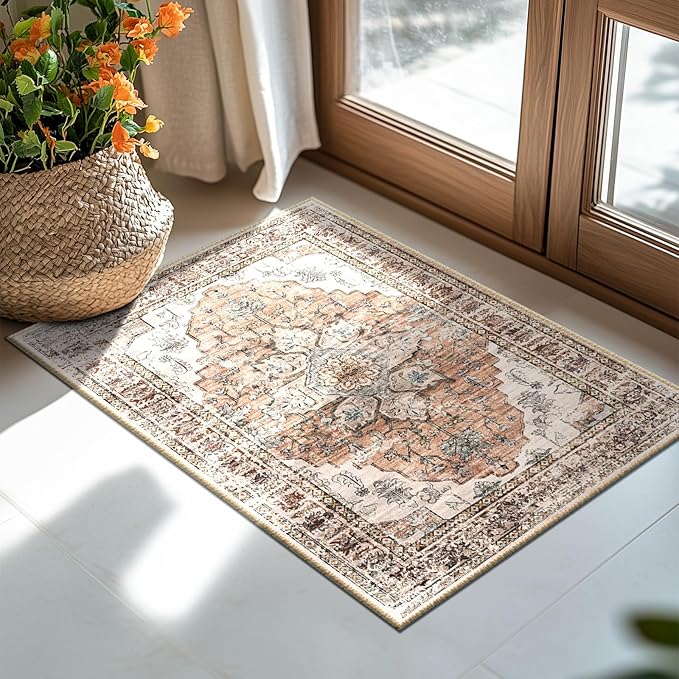 BESTSWEETIE 2x3 Area Rug Washable Rugs for Living Room, No Pile Boho Carpet for Entryway Bedroom Dinning Room, Vintage Carpet Print Distressed Non-Slip, 2 x 3 ft, Orange Pink Brown Earth Tones