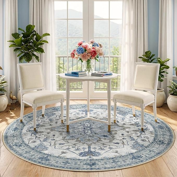 RELEANY Area Rugs Round 5ft Washable Non-Slip, Floral Vintage Distress Print Pattern Medallion Carpet for Living Room Bedroom Dining Room, Light Blue Navy Beige Gray White