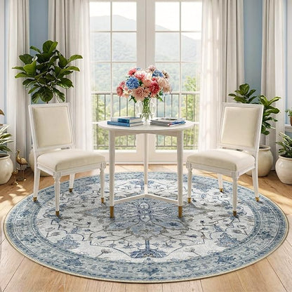 RELEANY Area Rugs Round 5ft Washable Non-Slip, Floral Vintage Distress Print Pattern Medallion Carpet for Living Room Bedroom Dining Room, Light Blue Navy Beige Gray White