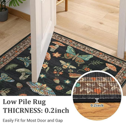 ROYHOME Mushroom Washable Rugs 5x7 for Living Room Low-Pile Whimsical Cottage Core Insect Bug Butterfly Funky Dark Gothic Decor for Bedroom Nursery Dining Room Black Brown