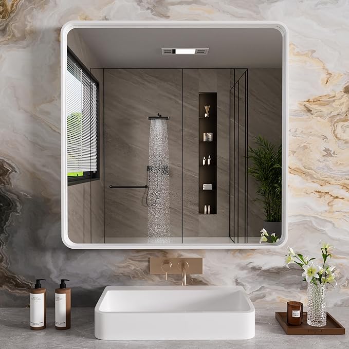 JISOSO White Bathroom Mirror 36x36 Inch, White Metal Framed Bathroom Mirror for Wall, Rounded Rectangle Matte Bathroom Vanity Mirror, Tempered Glass, Anti-Rust, Horizontal/Vertical