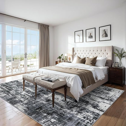 Area Rugs 9x12 Living Room - Washable Rug Modern Abstract Soft Large Neutral Non-Slip Carpet Indoor Floor Thin Carpets for Bedroom Dining Room Farmhouse Nursery Home Office Black