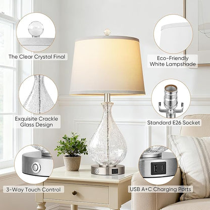 QiMH Glass Table Lamps for Living Room, Bedside Lamps Set of 2 with USB A+C Charging Ports, 3 Way Dimmable Touch Lamps for Nightstand, 22.5" Modern Table Lamp for Bedroom Office, LED Bulbs Included