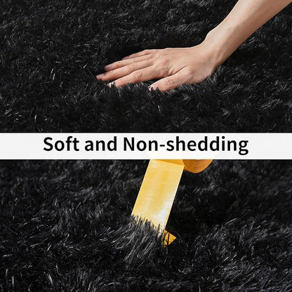 Soft Runner Rugs for Bedroom Hallways, 2x5 Black Fluffy Shag Throw Area Rug Non Slip for Bedside Dorm, Long Shaggy Furry Carpet for Nursery Living Room