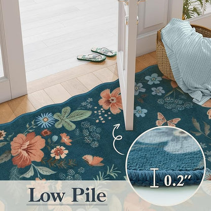 Lahome Floral Hallway Runner Rug Non Slip, 2'6''x10' Washable Runner Soft Ultra-Thin Soft Runners for Hallways, Kitchen Distressed Carpet for Entryway Bathroom Flore (Navy Blue)