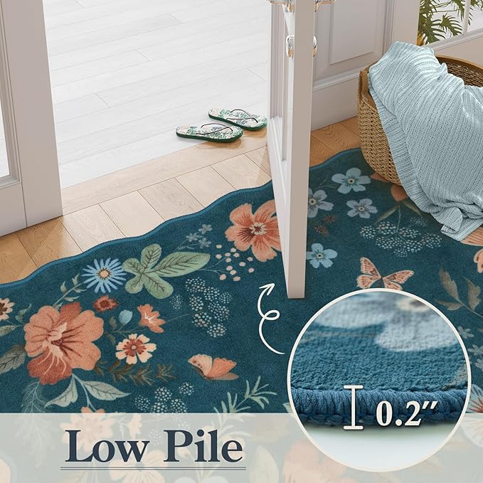 Lahome Floral Washable Entryway Rug, 2X3 Soft Kitchen Rugs Non-Slip, Ultra-Thin Door Mat Indoor Entrance Stain Resistant Boho Small Throw Carpet for Bathroom Bedroom Entry Flore, Navy Blue