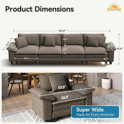 SUNSHINE VALLEY 4 Seat Modular Sofa, 157.5'' Oversized Modern Chenille Sectional Couch with Wider Armrest and Pillow, Upholstered Cloud Deep Seat Sofa for Living Room, Smoky Grey