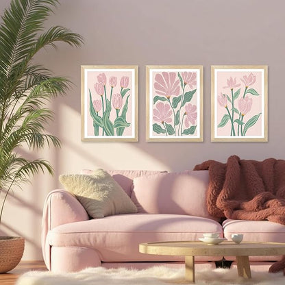 JLTULT 3 Pieces Pink Tulips Floral Wall Art, Boho Pink Green Botanical Wall Decor, Modern Abstract Flowers Paintings Art Prints for Living Room Bedroom Home Office12x16 inch Wood Framed Ready to Hang