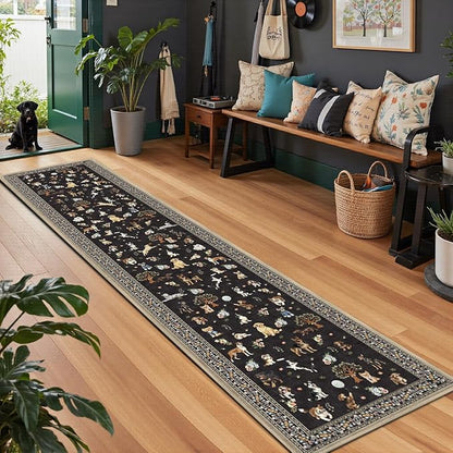 Floral Dog Hallway Runner Black Carpet Non-Slip, 2x10 Washable Rug Ultra-Thin Soft for Hallways, Kitchen Mat Stain Resistant for Entryway Bathroom