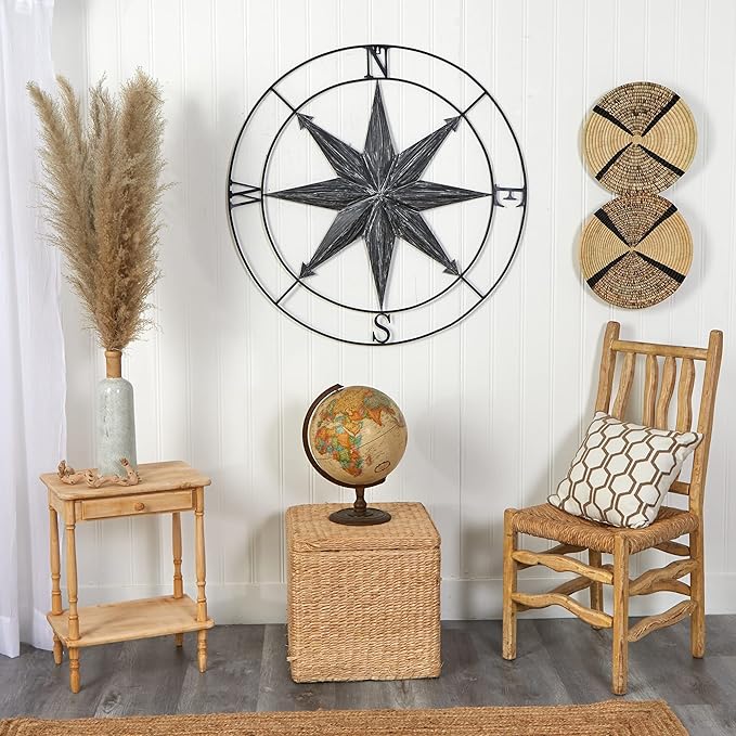 Nearly Natural 40in. Washed Nautical Metal Compass Wall Art Decor, Black, 40.00" x 2.00"