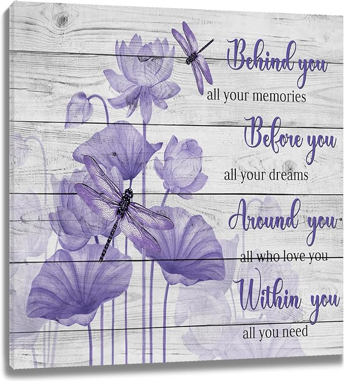 LB Purple Floral Inspirational Wall Art Flower and Dragonfly on Wood Board Canvas Wall Art Motivational Wall Decor for Living Room Bedroom Bathroom Home Framed Ready to Hang 12L x 12W Inch