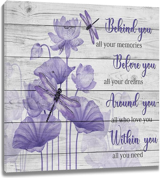 LB Purple Floral Inspirational Wall Art Flower and Dragonfly on Wood Board Canvas Wall Art Motivational Wall Decor for Living Room Bedroom Bathroom Home Framed Ready to Hang 12L x 12W Inch