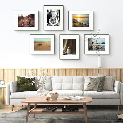 Golden State Art 16x20 Picture Frame 6 Pack - Dark Green Aluminum Photo Frames With 11x14 Mats and Real Glass Cover - Elegant Minimalist Wall Gallery Frames for Home or Office Decor