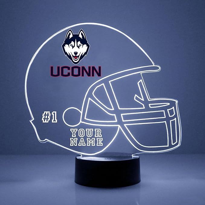 Custom University of Connecticut (UConn) Huskies Football Helmet LED Sign Night Light Lamp with Remote, Personalized Name, Text, Officially Licensed from the CLC by Mirror Magic Gifts, Made in the USA