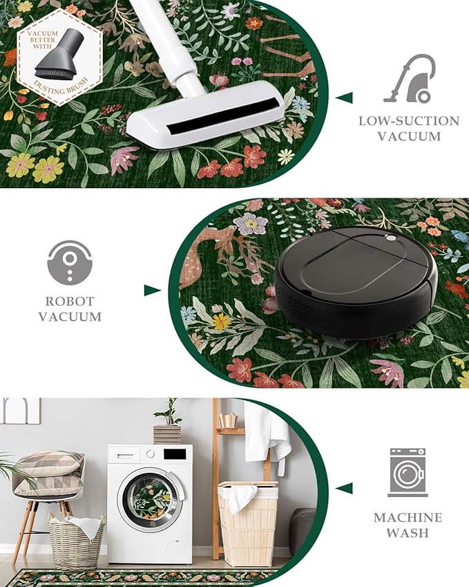 Lunasun Green Washable Floral 2x6 Runner Rug for Hallway- Stain Resistant Kitchen Runners, Botanical & Animal Indoor Floor Mat for Bathroom, Soft Non Slip with Rubber Backed