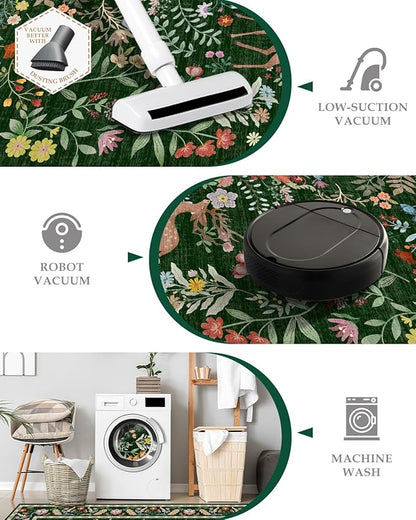 Lunasun Green Washable Floral 2x6 Runner Rug for Hallway- Stain Resistant Kitchen Runners, Botanical & Animal Indoor Floor Mat for Bathroom, Soft Non Slip with Rubber Backed
