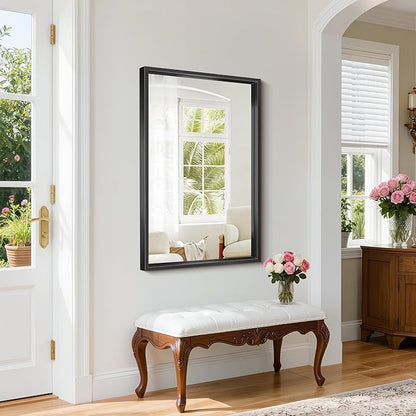 Black Framed Mirror 24"x42", Brushed Black Bathroom Mirrors for Over Sink, 0.6" Thickened Deep Frame Rectangle Mirrors for Wall, Shatterproof Tempered Glass, Antirust, Horizontally/Vertically