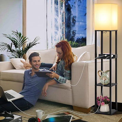 Mlambert Modern Shelf Floor Lamp with Wireless Charger & Fast Charging USB Ports & Type C Port & 2 Power Outlets,3 Tier Storage Lamp for Bedroom,Black