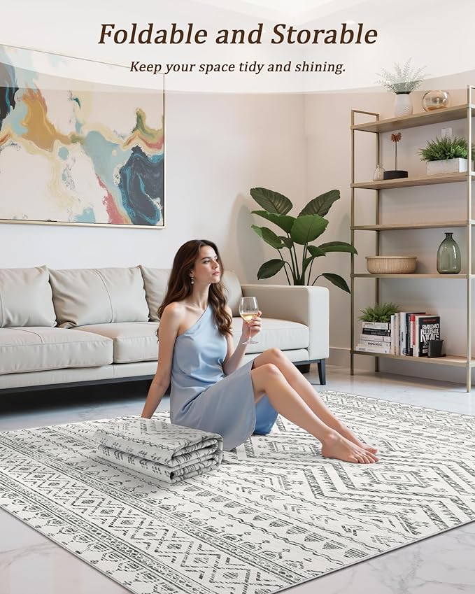 Miukiki 8x10 Area Rug for Living Room Moroccan Washable Rugs Non Slip Indoor Floor Carpet Foldable Large Soft Area Rug for Dining Room Bedroom with Low Pile(Grey,8'x10')