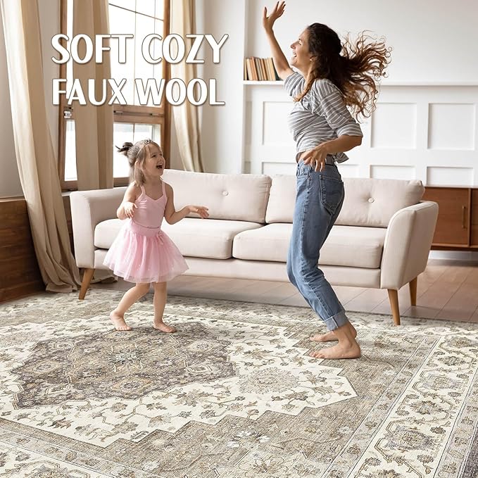 9x12 Area Rug Living Room: Washable Boho Large Neutral Vintage Soft Rug Stain Resistant Farmhouse Non-Slip Indoor Floor Carpet for Bedroom Nursery Kids Playroom Office Dining Room Home- Brown Beige