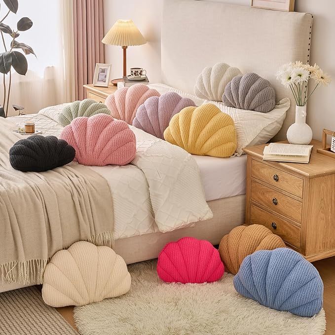 Shell Pillow, Soft Decorative Pillows for Bed Couch, Seashell Plush Throw Pillow Aesthetic Home Decor Cushion for Bedroom Living Room (Grey Pink, 18 X 13 Inches)
