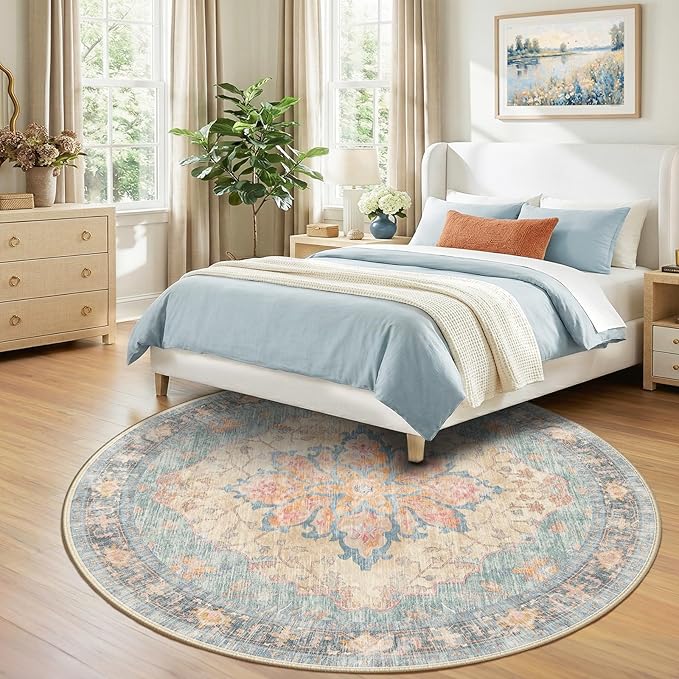 RELEANY Area Rugs Round 8ft Washable Non-Slip, Floral Vintage Distress Print Pattern Medallion Carpet for Living Room Bedroom Dining Room, Blue Orange Red