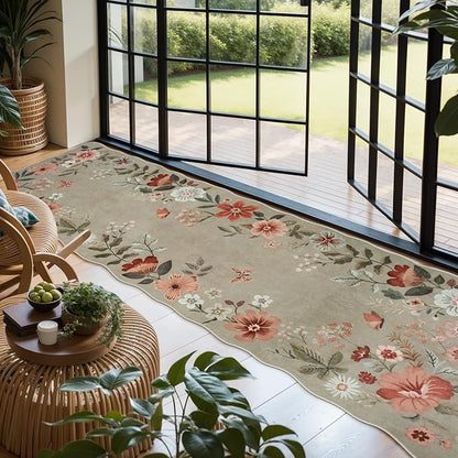 Lahome Floral Runners for Hallways, 2'6''x8' Kitchen Runner Rug Non Slip, Soft Washable Runner with Rubber Backing Carpet for Laundry Bedroom Bathroom Flore (Brown)