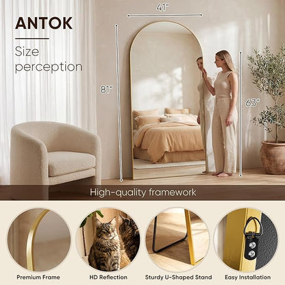 Antok 81" x41” Arched Full Length Floor Mirror, Gold Aluminum Frame, Free Standing/Wall Mount/Leaning for Bedroom, Living Room, Dressing Room