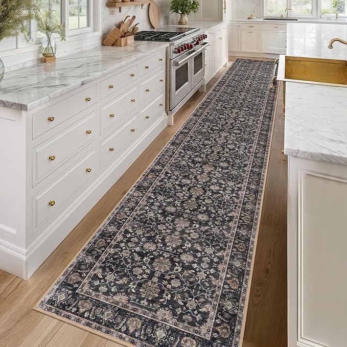 KUTA Vintage Washable Long Hallway Runner Rug, 2.6x16 Brown Non-Slip Kitchen Rugs Ultra Thin Soft Printed Distressed Oriental Floral Floor Carpet for Laundry Bedroom Living Room Nursery