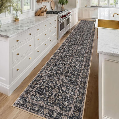 KUTA Vintage Washable Long Hallway Runner Rug, 2.6x16 Brown Non-Slip Kitchen Rugs Ultra Thin Soft Printed Distressed Oriental Floral Floor Carpet for Laundry Bedroom Living Room Nursery