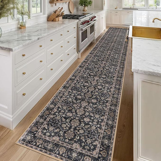 KUTA Vintage Washable Long Hallway Runner Rug, 2.6x16 Brown Non-Slip Kitchen Rugs Ultra Thin Soft Printed Distressed Oriental Floral Floor Carpet for Laundry Bedroom Living Room Nursery