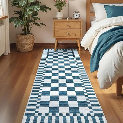 GarveeHome 2.5×8 Kitchen Runner Rug Non Slip,Blue and White Checkered Rug, Washable Runner Rug for Hallway Soft Low-Pile Geometric Modern Rugs for Entryway