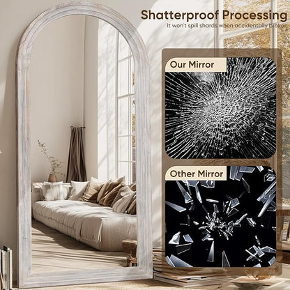 Full Length Mirror, 81"x41" Wooden Mirror Full Length with Stand Wood Floor Mirror, Oversized Stand Up Mirrors Large Wall Mirrors, Wall Mounted Mirrors, Arched Wood Style, White