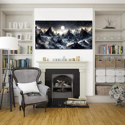 SERIMINO Large Wall Art for Living Room, Mountain Landscape Wall Decor, Fantasy Abstract Art Prints, Moonlit Night Black Canvas Painting, Cool Modern Pictures Home Decor for Bedroom 29"X57"