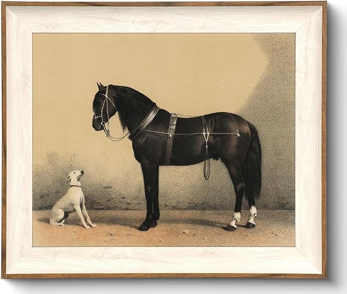 uniro Vintage Framed Wall Art, Vintage Dog and Black Horse Canvas Art Prints Painting, Antique Animal Farm Poster for Nursery Wall Decor, Rustic Horse Aesthetic Picture for Bedroom, Gallary, Living Room, Office,Desktop Decor - 10x12Inch