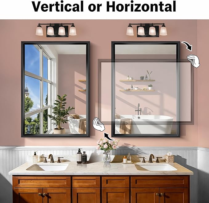 CIRCUMI 30"x42" Brushed Black Mirror with Chunky Box Metal Frame, Bathroom Mirror for Vanity Remodel & New Home, Living Room, Entryway, Rectangular Wall Mirror, Tempered Glass, Vertical or Horizontal