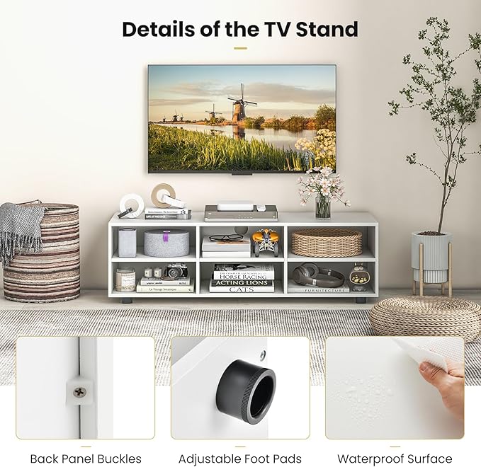 Tangkula White TV Stand for TV up to 55 Inch, TV Console Table with 6 Cubbies, 5 Positions Adjustable Shelves, Wood Media Entertainment Center for Living Room (Modern, 45", TVs up to 55")