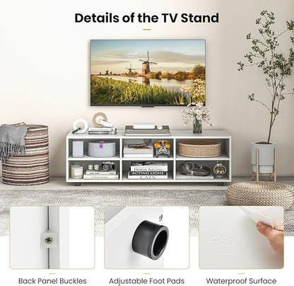 Tangkula White TV Stand for TV up to 55 Inch, TV Console Table with 6 Cubbies, 5 Positions Adjustable Shelves, Wood Media Entertainment Center for Living Room (Modern, 45", TVs up to 55")