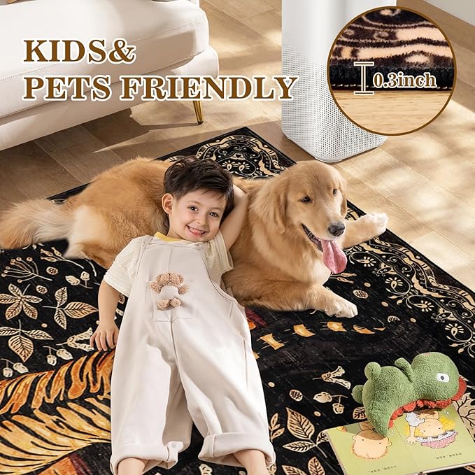 Washable Tiger Area Rugs 5x7Ft, Boho Animal Living Room Bedroom Rugs, Soft Low Pile Jungle Kids Nursery Dining Room Area Floor Carpets for Dorm Playroom Farmhouse Fall Decor, Black/Gold
