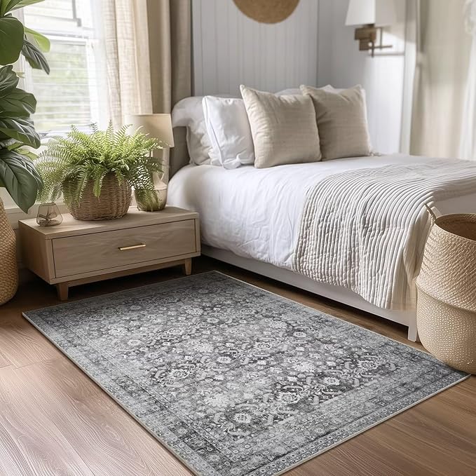 Washable 4x6 Rugs for Living Room, Boho Non-Slip Vintage Distress Small Rugs for Bedroom Nursery Office, 0.3" Neutral Oriental Throw Thin Carpet with Cushioning Pad, Grey/Multi, C5