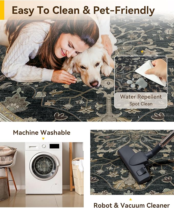 RELEANY Area Rugs Round 8ft Washable Non-Slip, Floral Vintage Distress Print Pattern Medallion Carpet for Living Room Bedroom Dining Room, Vintage Black Brown Neutral