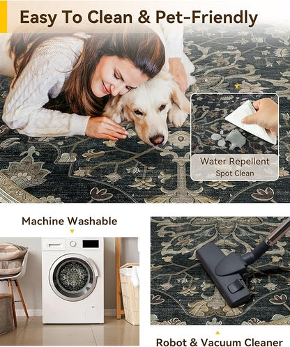 RELEANY Area Rugs Round 8ft Washable Non-Slip, Floral Vintage Distress Print Pattern Medallion Carpet for Living Room Bedroom Dining Room, Vintage Black Brown Neutral