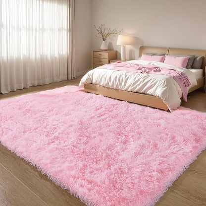 KCHOWUA Pink Fluffy Area Rug for Girls' Bedroom, 5'x8' Machine Washable Plush Pastel Shag Rug, Large Soft Furry Carpet for Living Room, Nursery, Kids' Room, or Dorm Décor