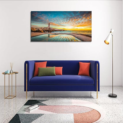 YYYYHPP YP1850 Canvas Prints Wall Art Peggy's Cove Lighthouse Sunset Ocean View Landscape Nature Pictures Stretched Canvas Wooden Framed for Living Room Bedroom and Office Wall Decor